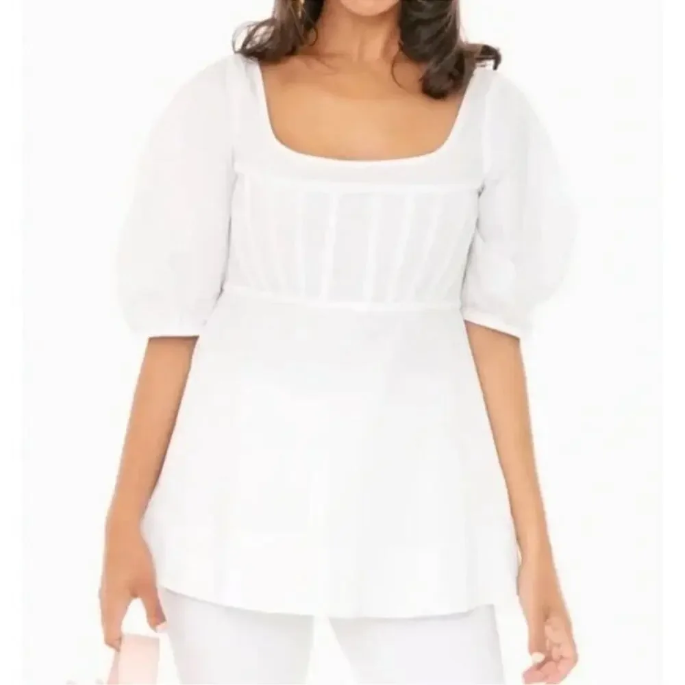 Tuckernuck White Nealy Scoop Neck Puff Sleeve Corset Peplum‎ Blouse Sz XS Preppy